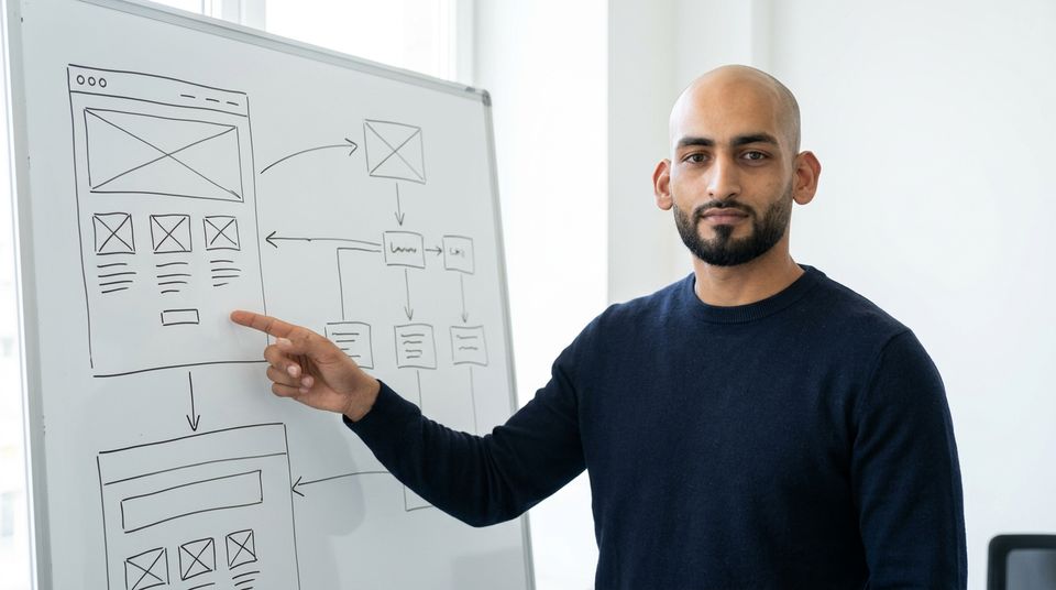 Ayoub Bouders, eigenaar van IT Live, legt een websiteschets uit op een whiteboard